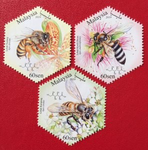 Malaysia 2019 Honey Bees Set of 3V in hexagon shape MNH