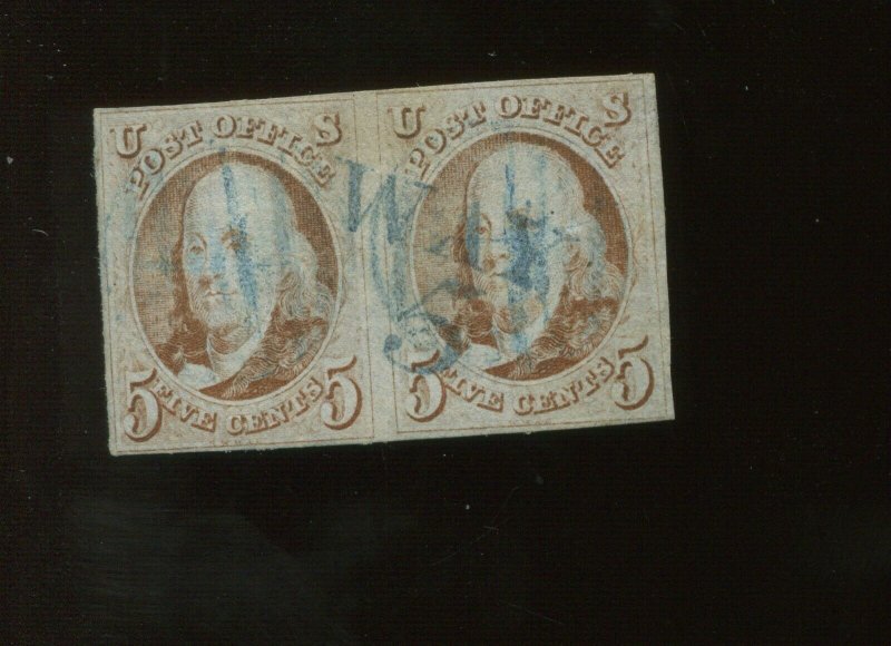 1 Franklin Used Pair of Stamps with Blue WAY 5 Cancel & PF Cert (Bz 447)