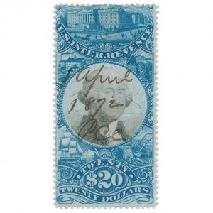 Scott R129 $20 Second Issue U.S. Internal Revenue, Washington Blue & Black, 1871