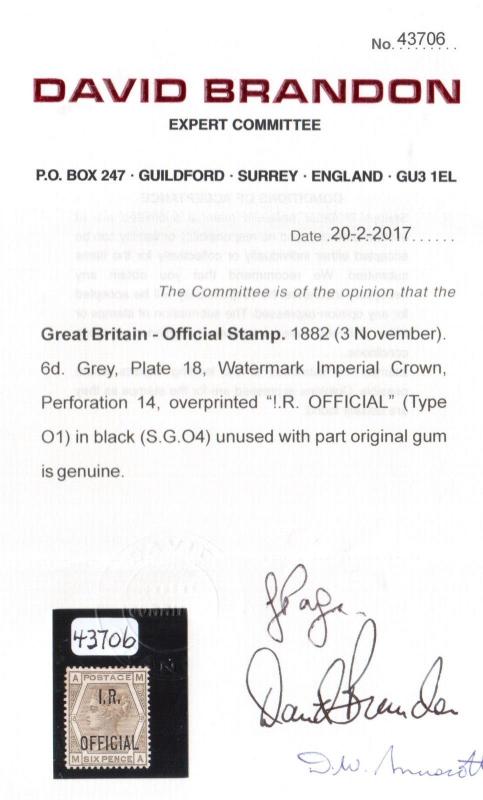 Great Britain #O6 (SG #O4) Very Fine Mint **With Certificate**