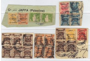 PALESTINE 1920s 4 MULTI COLORED POSTAL HISTORY PIECES W/RARE AJAMI JAFFA CANCELS