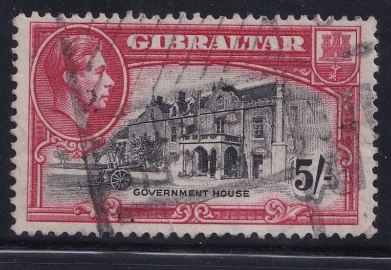 1944 GIBRALTAR - SG:129b - KING GEORGE VI - 5/- BLACK & CARMINE P13 - USED 