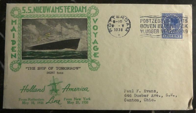 1938 Rotterdam Maiden Voyage Cover To Canton Ohio USA SS Nieuw Amsterdam