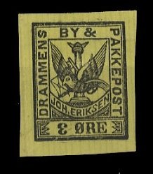 Norway, Local Issues, 1887 Drammen Local Post, 3 Ore black on yellow paper, v...