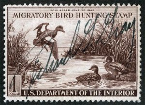 US Sc RW9 Violet Brown $1.00 1942 Hunting Permit Used M/S Signature No Gum