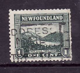 Newfoundland-Sc#131-used 1c grey green Twin Hills-1923-id#10-