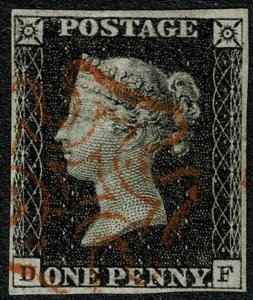 GB 1d Black DF Plate 4. Red Maltese cross cancellation.