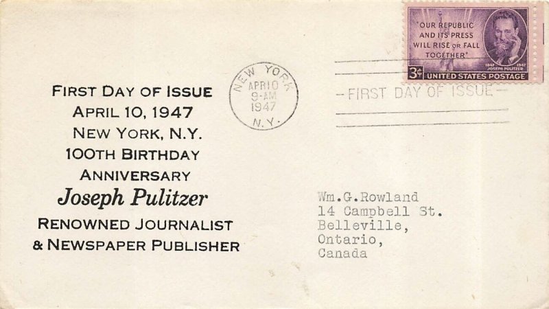 946 3c JOSEPH PULITZER - Unlisted - Unknown sent to Canada