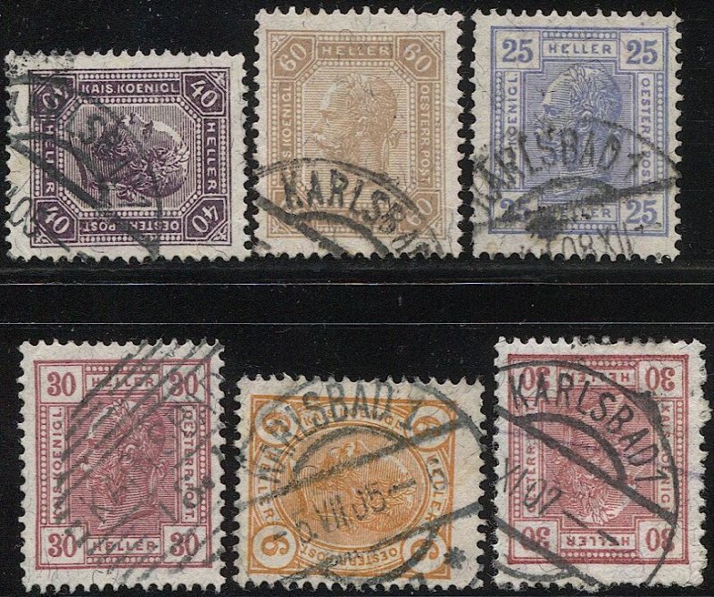 AUSTRIA 1899  Sc 91,95-6,102a,104 Used VF, KARLSBAD Czech postmark/cancel