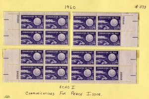 1173 4¢ Communications For Peace, Echo 1 Matching Plate Blocks MNH 1960