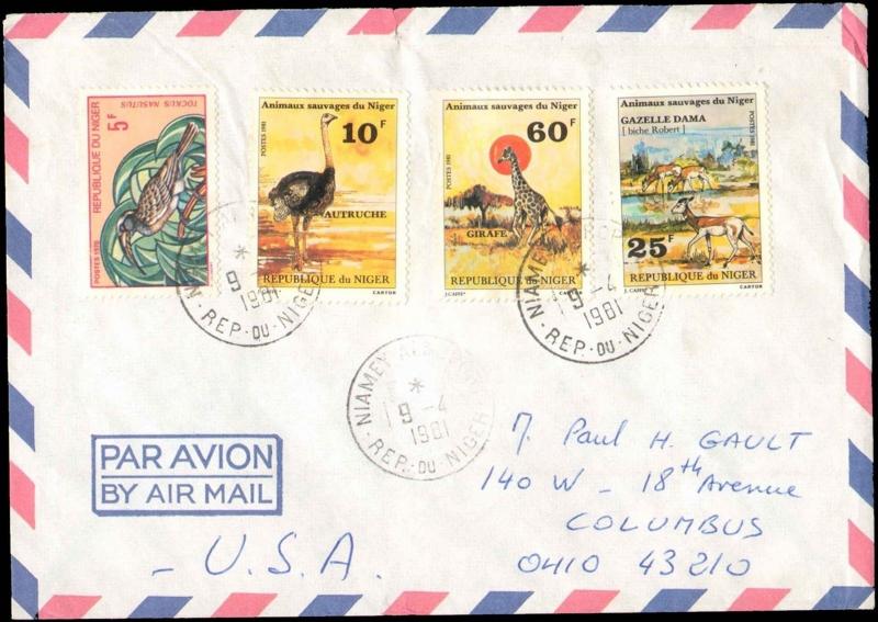 1981 NIGER MULTI STAMP ( TOPICAL BIRDS ANIMALS ) TO UNITED STATES