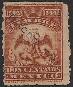 MEXICO REVENUES 1894-95 2c EAGLE Documentary TLACOTALPAM Control DO217 Used