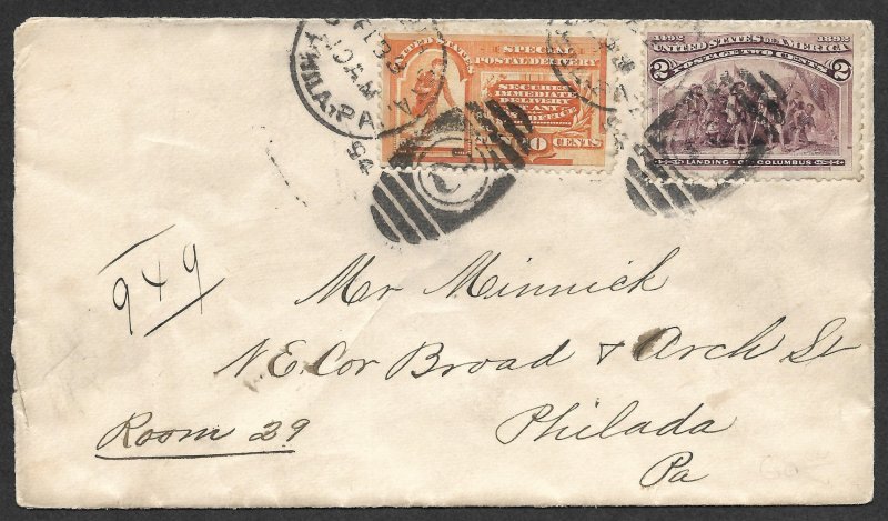 Doyle's_Stamps: 1894 Philadelphia, Penn., Spec Delivery Cover, Scott #E3 & #231