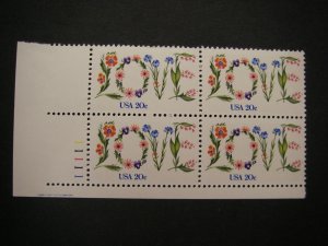 Scott 1951, 20c Love Flowers, PB4 #11111 LL, MNH Commemorative, disturbed gum