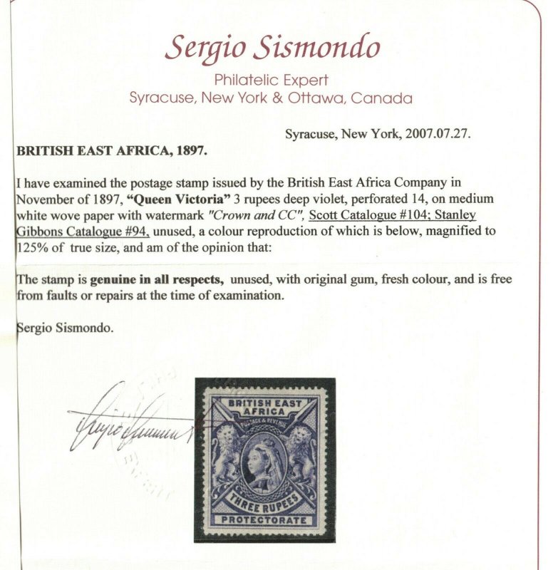 British East Africa #104 (SG #94) Very Fine Mint **With Certificate** 
