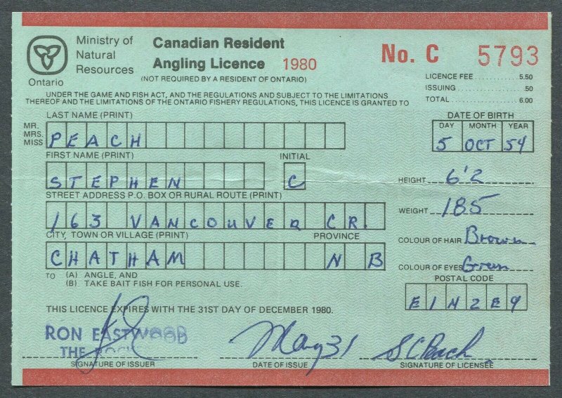 CANADA REVENUE ONTARIO 1980 CANADIAN RESIDENT ANGLING LICENCE