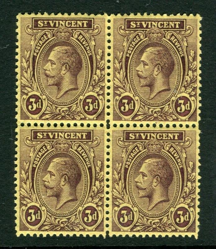 ST. VINCENT; 1921 early GV issue fine Mint hinged 3d. Block of 4