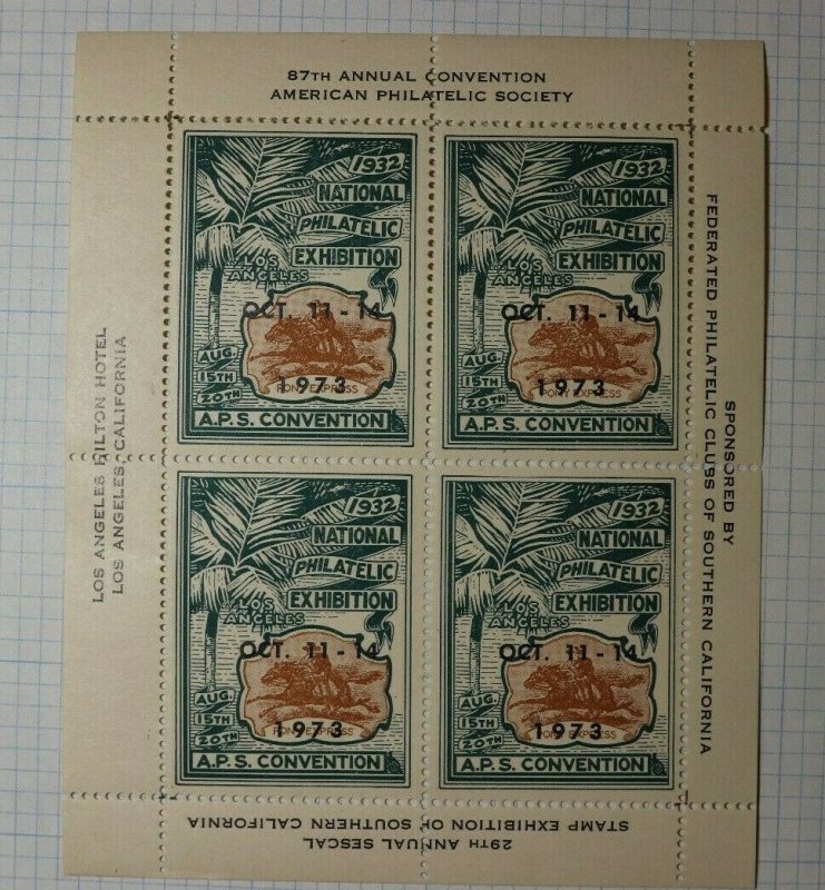 APS Convention 1973 overprint 1932 LA CA Philatelic Souvenir Ad Label Sheet SS