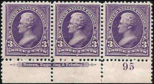 253 Mint,OG,NH... Imprint Strip of 3...William Weiss Certificate...SCV $1,200.00