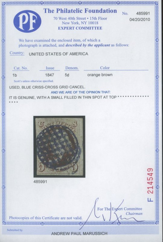 U.S. #1B USED WITH PF CERT BLUE CRISS CROSS GRID CANCEL