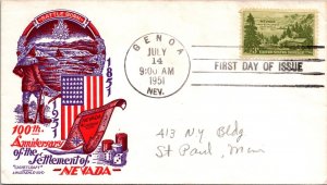 FDC 1951 SC #999 Staehle Cachet - Genoa, Nev - Addressed - Single - F69778