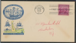 US 836 1938 3c Delaware Tercentennary on an addressed first day cover with a Gundel cachet.