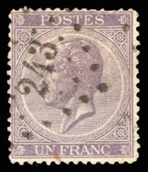 Belgium #22 Cat$92.50, 1865 1fr violet, used, short perf.