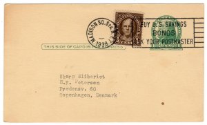 UX27 1c postal card uprated 4th Bureau 1/2c to Denmark 1938