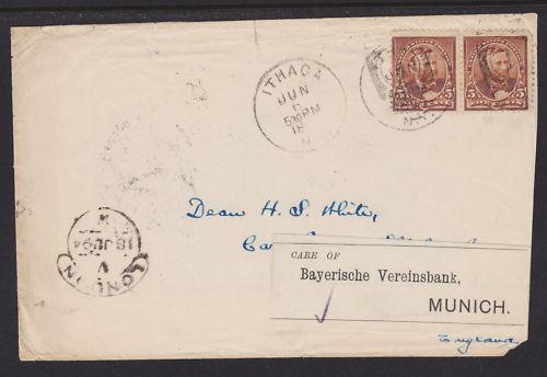 US Sc 223 pair on 1894 Forwarded Cover Ithaca, NY to Munich