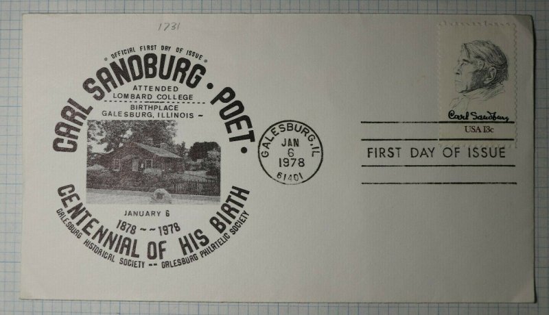 US FDC Sc# 1731 Carl Sandburg Poet Galasburg Philatelic Society 1978