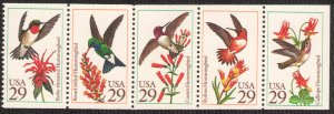 US. 2642-46. 29c. Hummingbirds. 2646a. Pane of 5. MNH. 1992