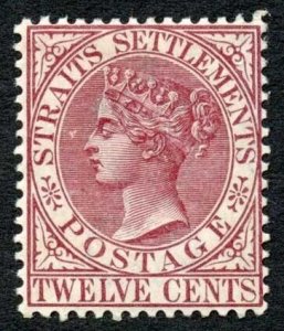 Straits Settlements SG67 12c Brown Purple Wmk CA M/M Cat 95 pounds