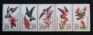 US  #2642-46 29c Hummingbirds booklet pane of 5 1992 XF M/NH