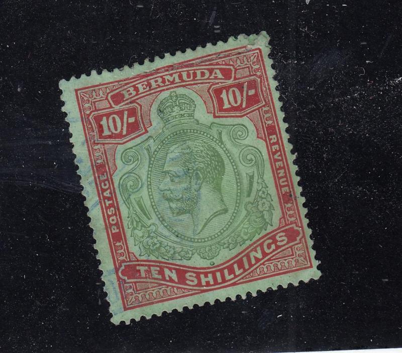 BERMUDA  # 96a VF-USED 10sh TINY PERF THIN KGV/DP RED & PALE GRN / CAT VAL $350