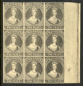 NEW ZEALAND 1855 2d Black CHALON HEAD Plate Proof on Card Block of 9