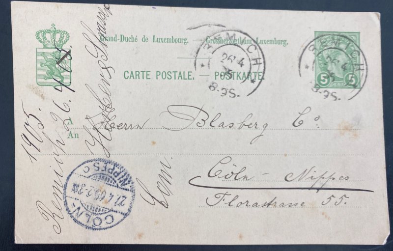 1905 Remich Luxembourg postal Stationery postcard Cover to Coln Germany