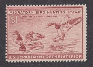 US Sc RW13 MLH. 1946 $1 red brown Redhead Ducks, Duck Hunting Permit Stamp