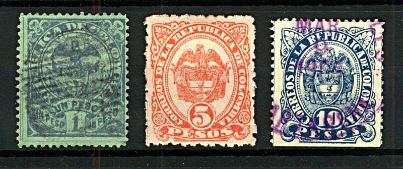 Colombia 1892 National Arms 1P, 5P and 10P sg161/4 (3v) VFU Stamps