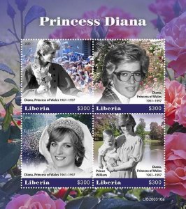 Liberia 2020 MNH Royalty Stamps Princess Diana Prince William 4v M/S