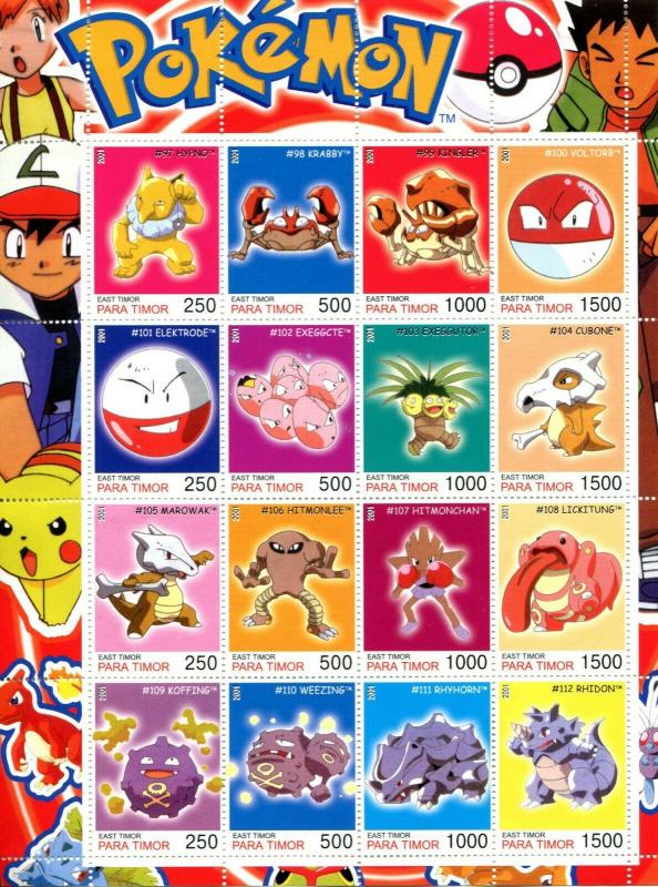 Complete 160 POKEMON Cinderella Stamps PARA TIMOR set of 10 Full Sheets 2001