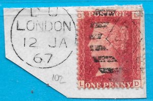 GB QV 1868 SG43 / 44, 1d Penny Red,  Good Used, Plate 102 (LD)  On Piece