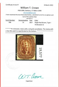 [sto214] 1857 Scott#28b red brown used Red grid cv:$2,375 EXPERTISE BILL CROWE