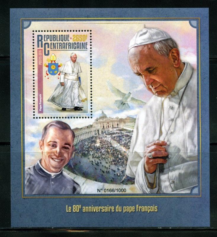 CENTRAL AFRICA 2016 80th BIRTH ANNIVERSARY OF POPE FRANCIS  S/S  MINT NH