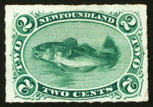 Newfoundland #38 1879 2c Green Codfish VF Rouletted Unused Lightly Hinged