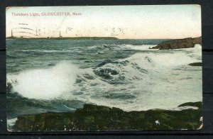 USA 1909 Color Postal Card Used Franked 2c Gloucester Mass Thatchers Light 9913
