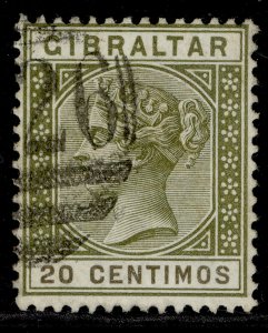 GIBRALTAR QV SG24, 20c olive-green & brown, FINE USED. Cat £24.