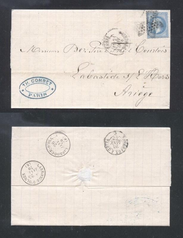 France 1870 Postal History Rare Cover + Content PARIS   DB.342