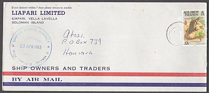 SOLOMON IS 1983 local cover LIAPARI POSTAL AGENCY cds......................54357