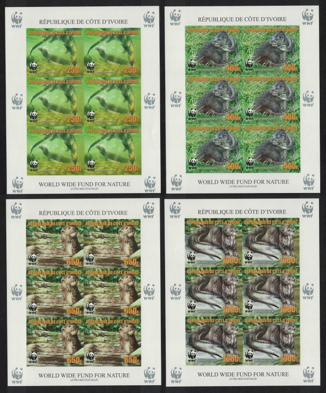 Ivory Coast WWF Speckle-throated Otter 4 imperf Sheetlets of 6 Reprint 2005