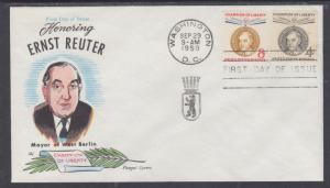 US Mel 1136-13 FDC. 1959 Ernst Reuter, Mayor West Berlin, Fluegel Color Cachet